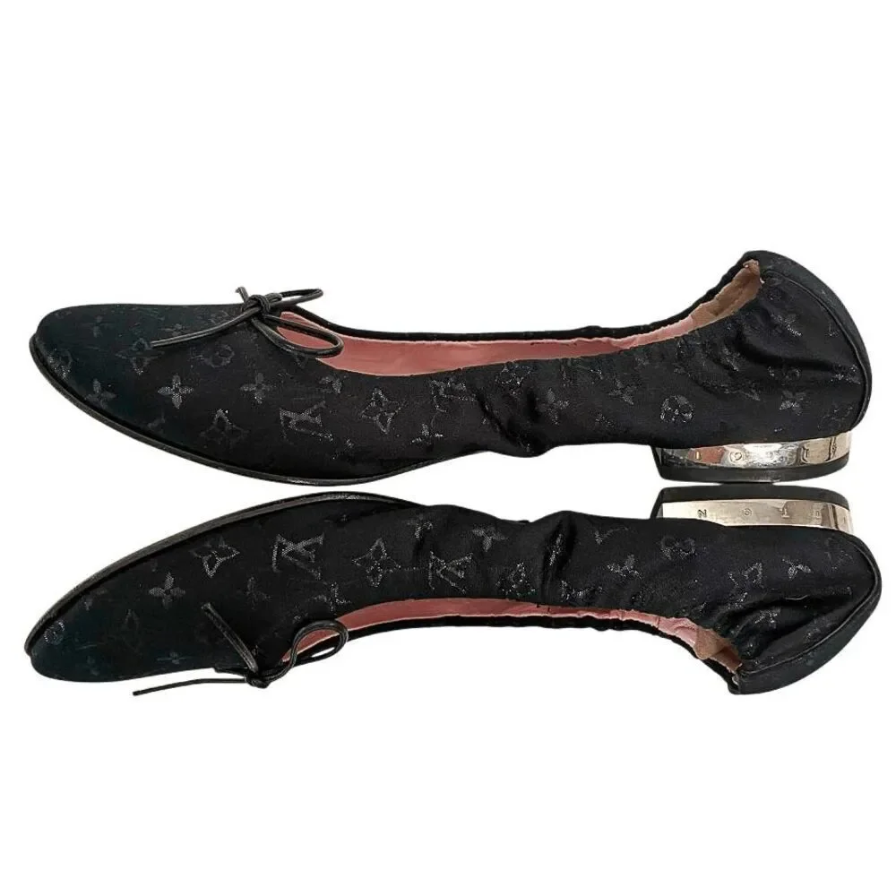 Louis Vuitton Black Logo Satin Ballet Flats Monogram Bow Ballerina EU 37 Slip On